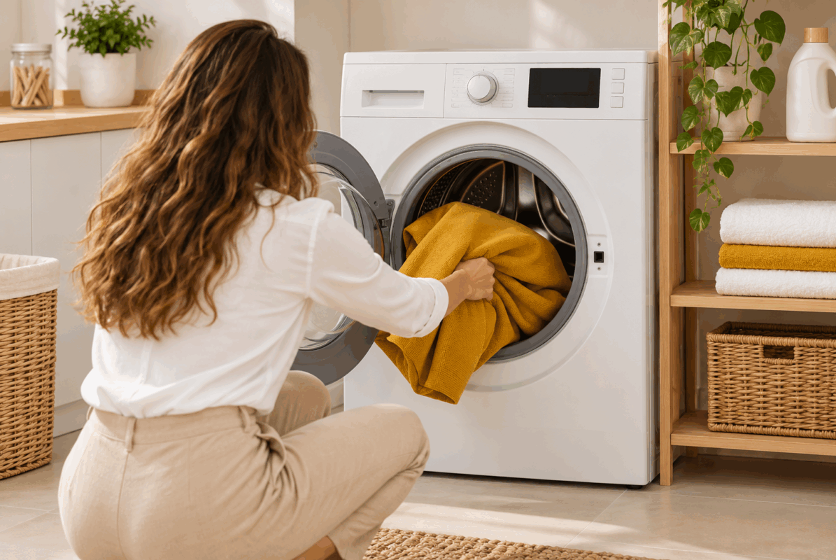 Lavanderia moderna con tessuto giallo mustard